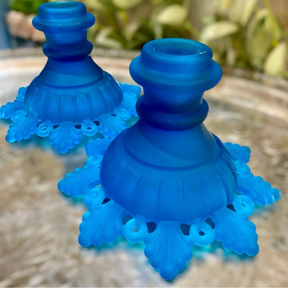 Vintage Westmoreland Candlesticks Set 2 Ring & Petal Electric Blue Satin Pair